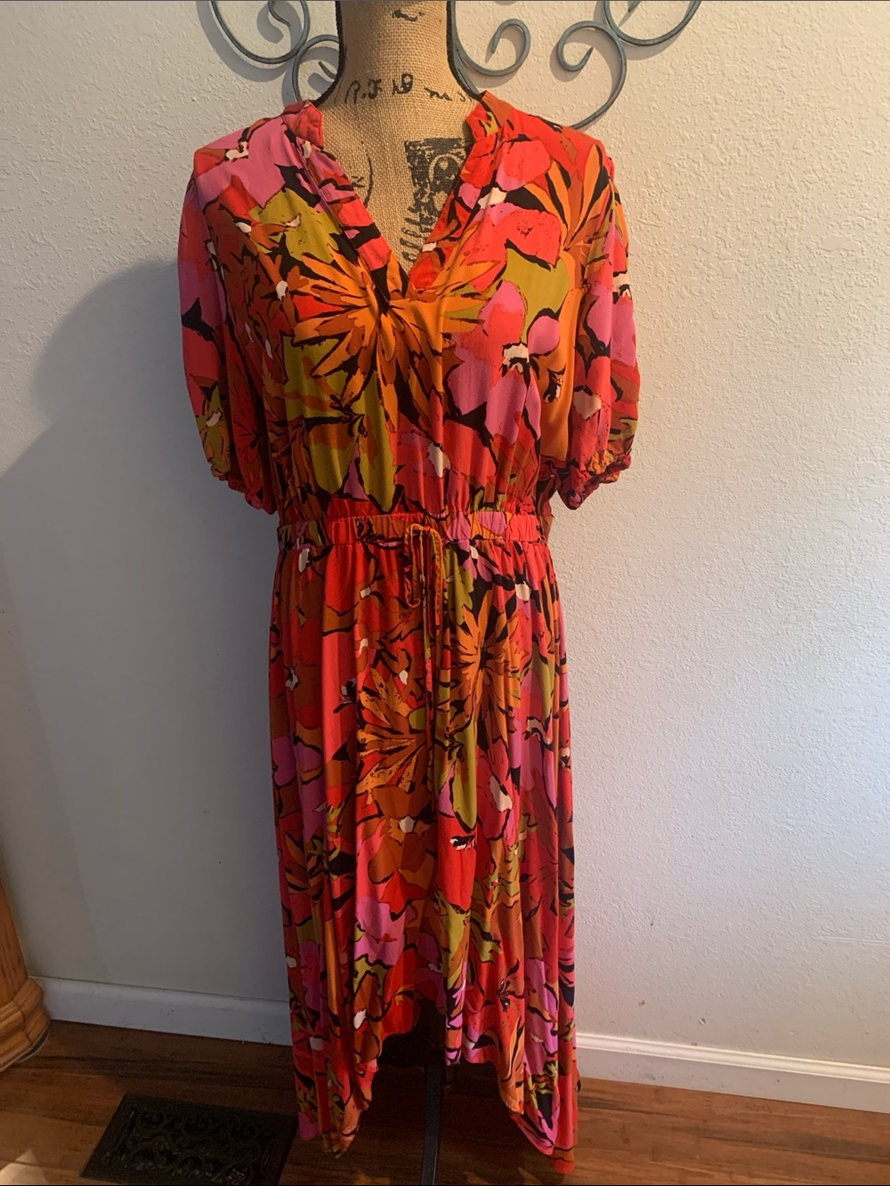 MSK Pink and Orange Floral High-Low Midi Dress